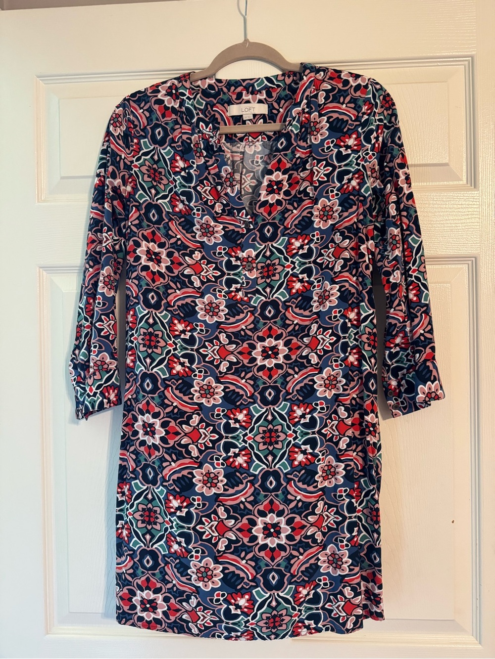 LOFT Navy Floral-Print Long-Sleeve Shift Dress